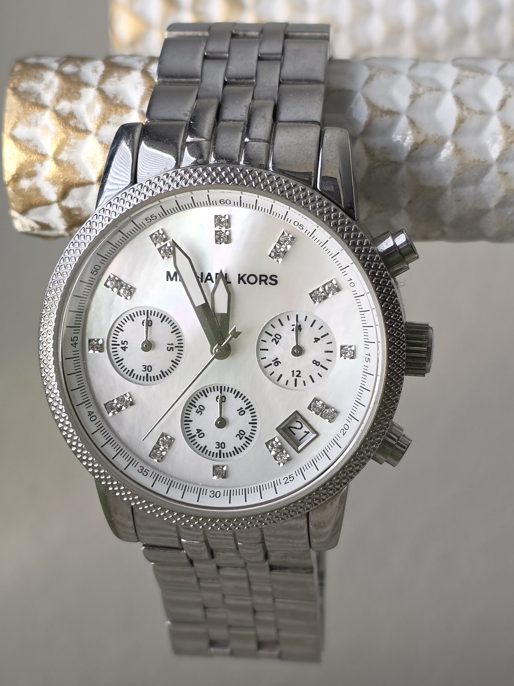 Michael Kors SilverTone Womens Chronograph Watch With MotherOfPearl Dial